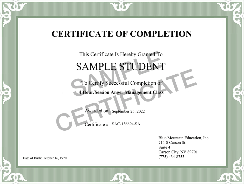 Sample Parenting Class Certificate of Completion